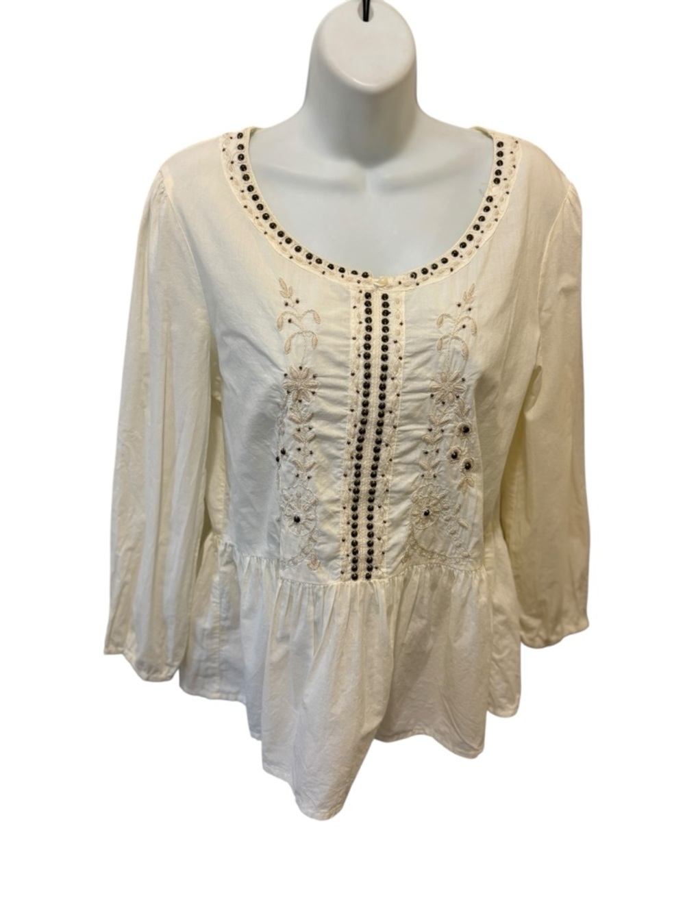 VTG Sweet Magnolia Embroidered Boho Top Peplum Sz S Beaded Long Sleeve Cream